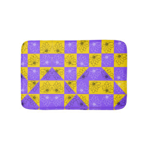 Modern purple & golden Chequerboard floral pattern Bath Mat