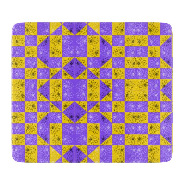 Modern purple & golden Chequerboard floral pattern Cutting Board (Front)