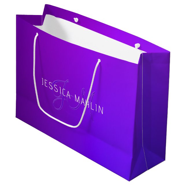 Modern Purple Gradient Name & Monogram  Large Gift Bag (Front Angled)