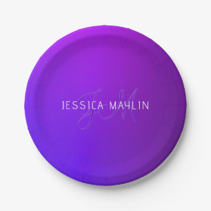 Modern Purple Gradient Name & Monogram  Paper Plate