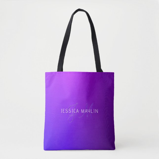Modern Purple Gradient Name & Monogram  Tote Bag (Front)