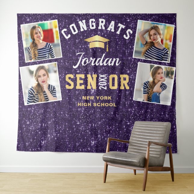 Modern Purple Graduation 4 Photo Booth Backdrop Tapestry (In Situ (Horizontal))