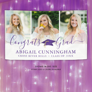 Modern Purple Graduation Cap Script 3 Photo Banner