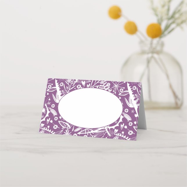 Modern Purple Graphic Floral Botanical Place Card (Front)