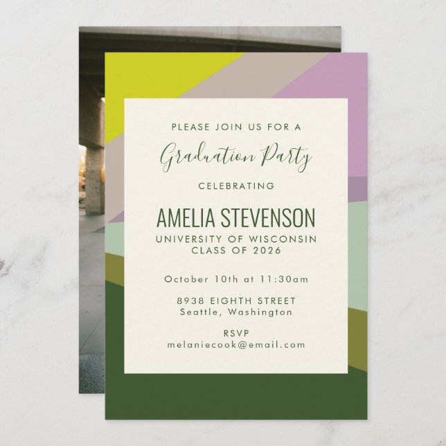Modern Purple Green Back Photo Graduation Party  Invitation (Front/Back)