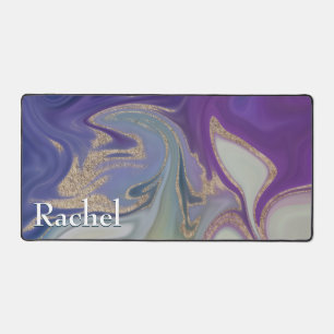 Modern Purple Green & Gold Marble Swirl Monogram Desk Mat