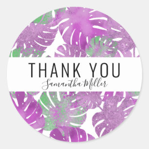 Modern purple green tropical monstera plant leaves classic round sticker