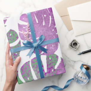 Modern purple green tropical monstera plant leaves wrapping paper