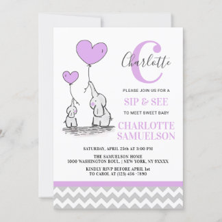 Modern Purple Grey Elephant SIP & SEE Baby Girl Invitation