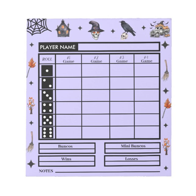Modern Purple Halloween Theme Bunco Score Pad     (Front)