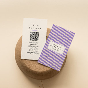 Modern Purple Hand Drawn Stripes Trendy QR Code Business Card