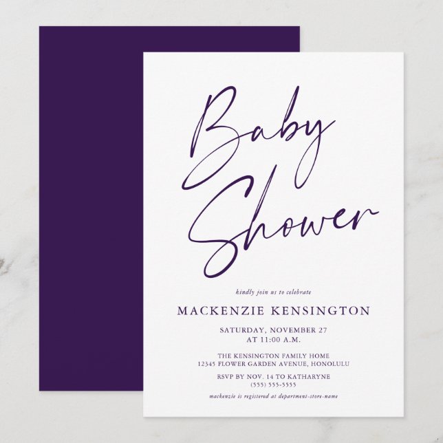 Modern Purple Handwritten Script Baby Shower Invitation (Front/Back)