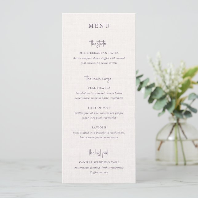 Modern Purple Handwritten Script Elegant Wedding Menu (Standing Front)
