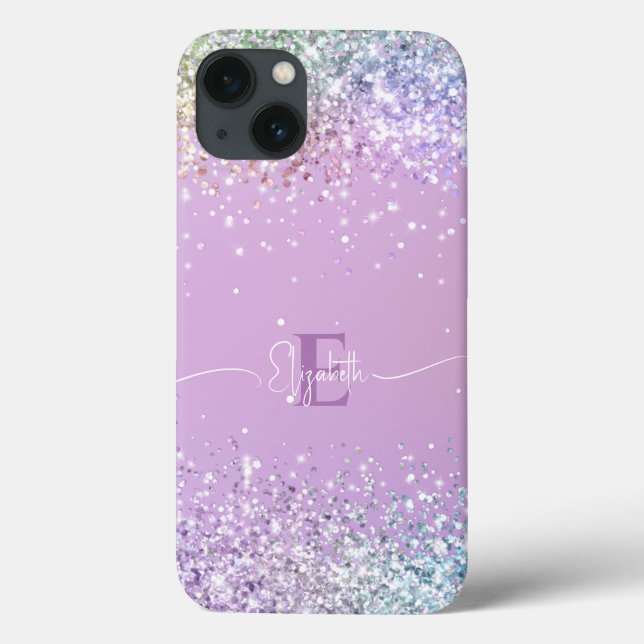 Modern Purple Holographic Faux Glitter Monogram  Case-Mate iPhone Case (Back)
