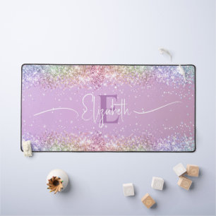 Modern Purple Holographic Faux Glitter Monogram  Desk Mat