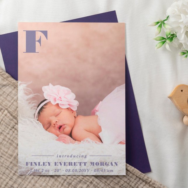 Modern Purple Initial Introducing New Baby Photo Announcement (Creator Uploaded)