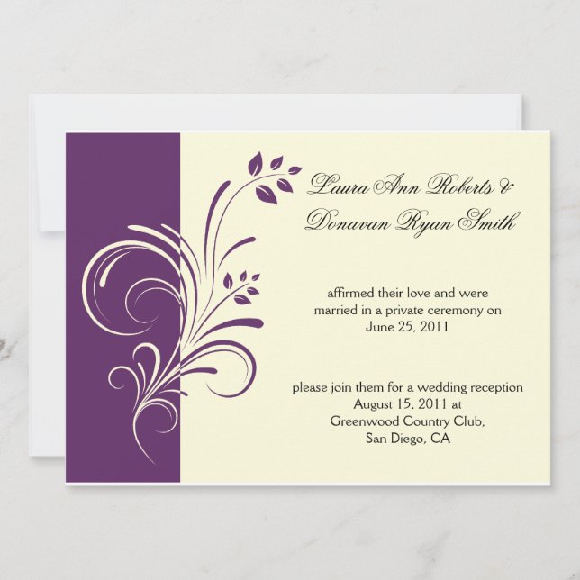 Modern Purple Ivory Cream Floral Swirls Post Weddi Invitation (Front)