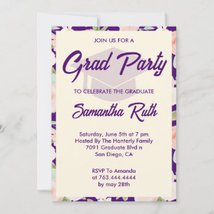 Modern Purple Ivory Floral Graduation Party Invitation