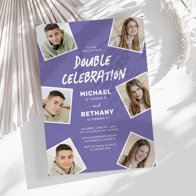 Modern Purple Joint Photo Birthday Party Invitation (Creator Uploaded)