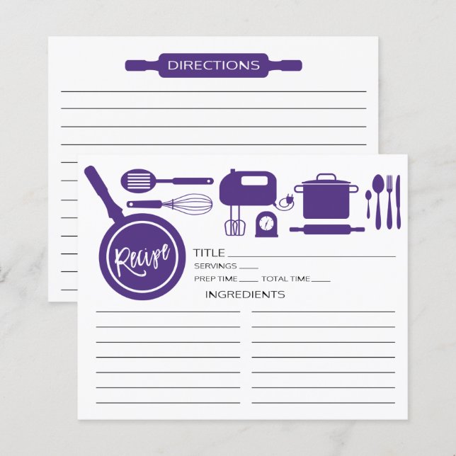 Modern Purple Kitchen Utensils Recipe Card (Front/Back)