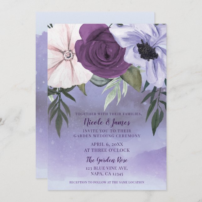 Modern Purple Lavender Floral Watercolor Wedding Invitation (Front/Back)