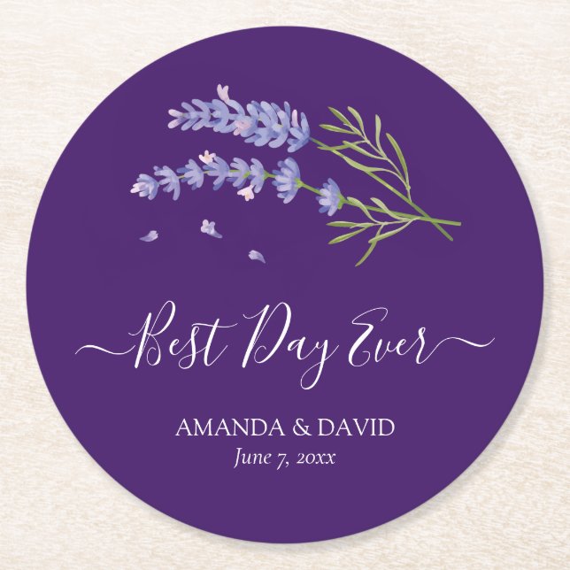 Modern Purple Lavender Floral Wedding Round Paper Coaster (Front)
