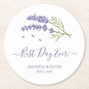 Modern Purple Lavender Floral Wedding Round Paper Coaster