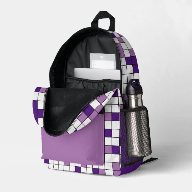 Modern Purple Lavender Geometric Grid Pattern Printed Backpack (Back Corner Right (Open))