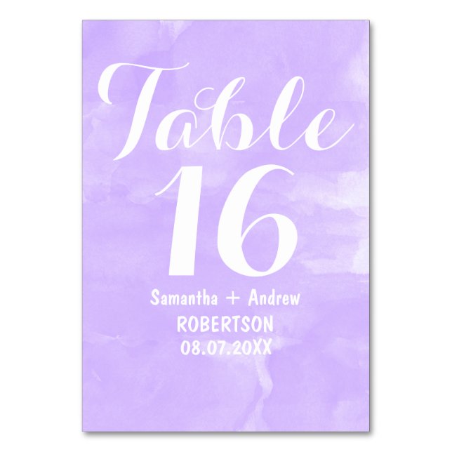 Modern purple lavender watercolor table number (Front)