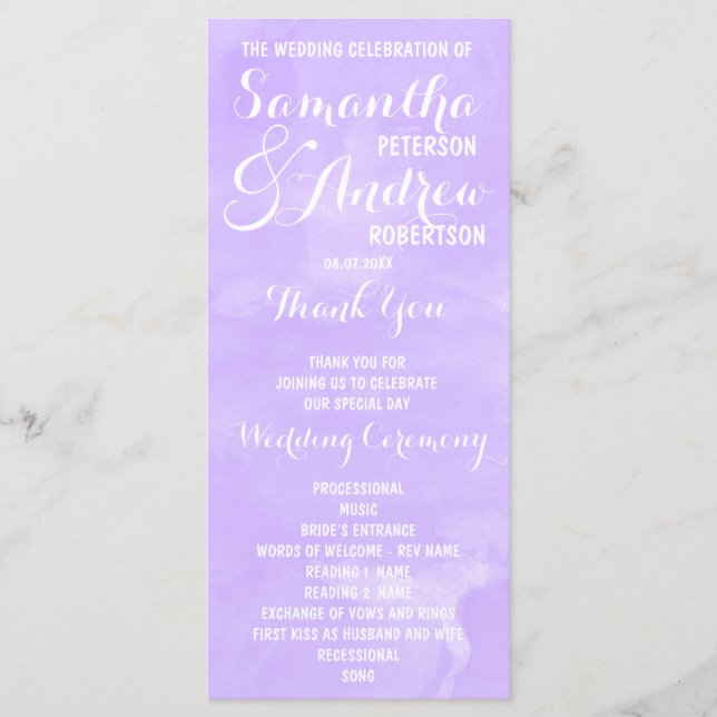 Modern purple lavender watercolor Wedding Program Programme (Front)