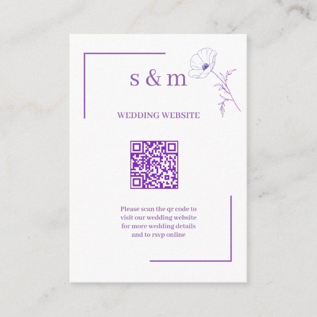 Modern Purple Line Art Flo QR Code Wedding Website Enclosure Card (Front)