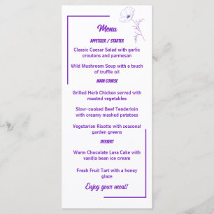 Modern Purple Line Art Floral Wedding Menu Card
