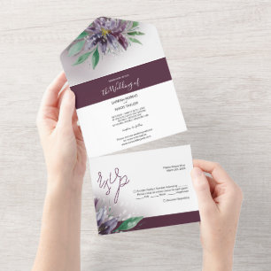 Modern Purple Lotus Watercolor Hand-painted All In One Invitation