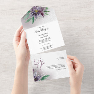 Modern Purple Lotus Watercolor Hand-painted All In One Invitation
