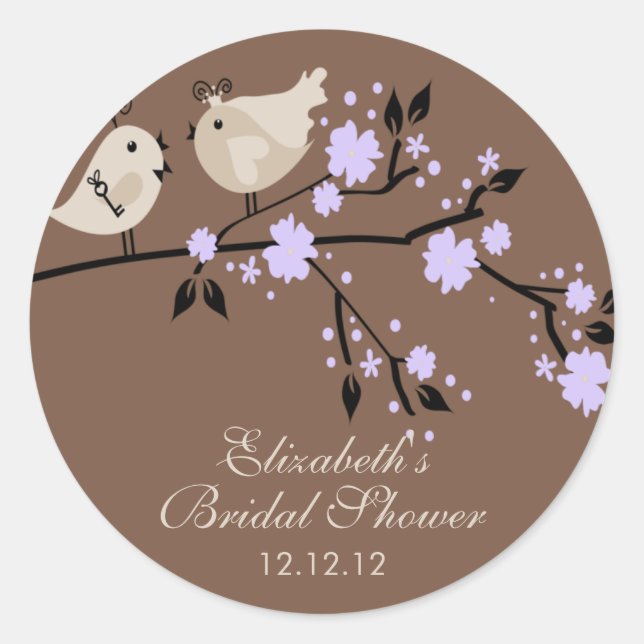 Modern Purple Love Birds Bridal Shower Classic Round Sticker (Front)