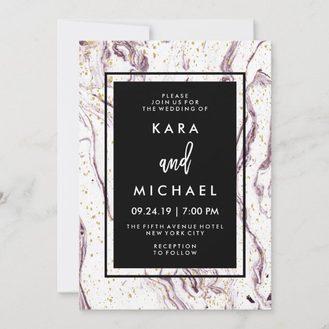 Modern Purple Marble and Faux Gold Flakes Wedding Invitation (Front)