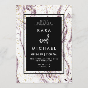 Modern Purple Marble and Faux Gold Flakes Wedding Invitation