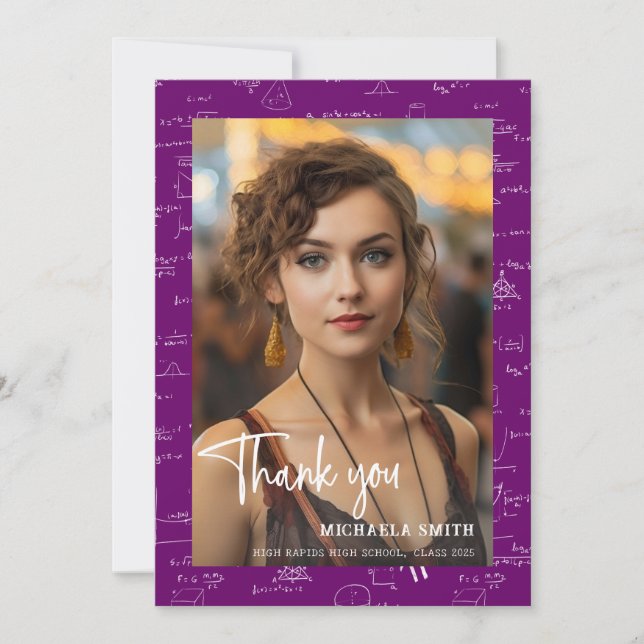 Modern Purple Math Script Photo Graduation  Thank You Card (Front)