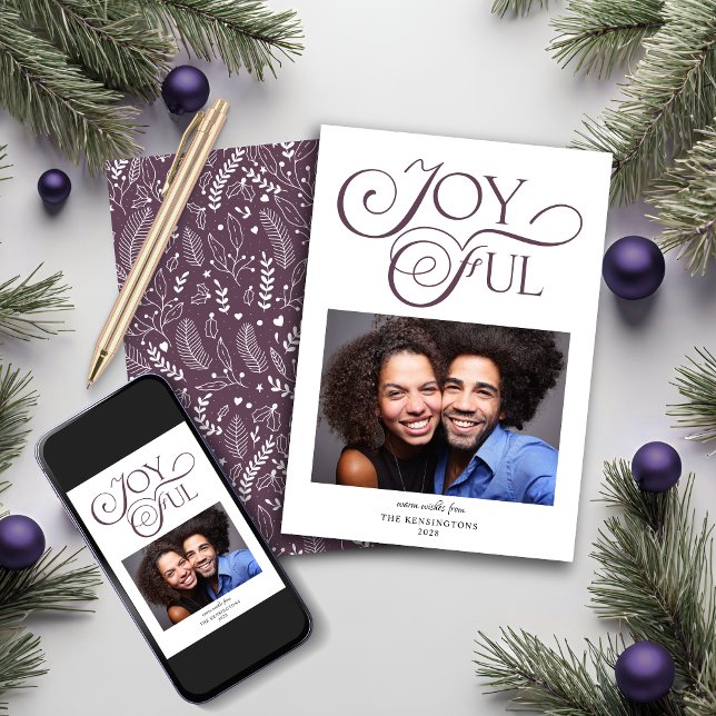 Modern Purple Mauve Pattern Joyful Christmas Photo Holiday Card (Modern Purple Mauve Pattern Joyful Christmas Photo Holiday Card)