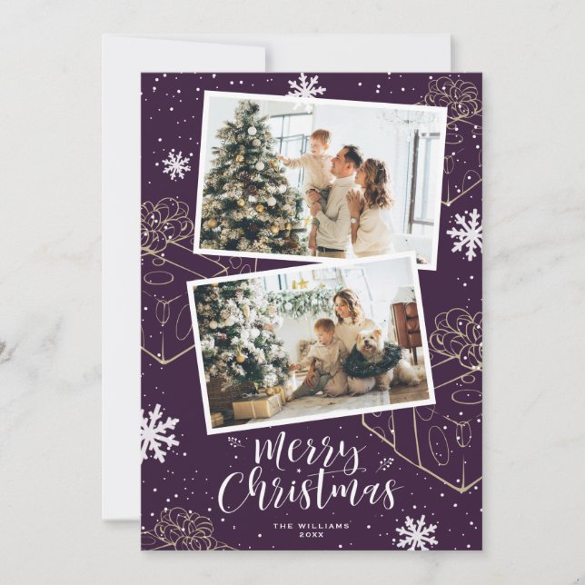 Modern Purple Merry Christmas 2 Photo Holiday Card (Front)