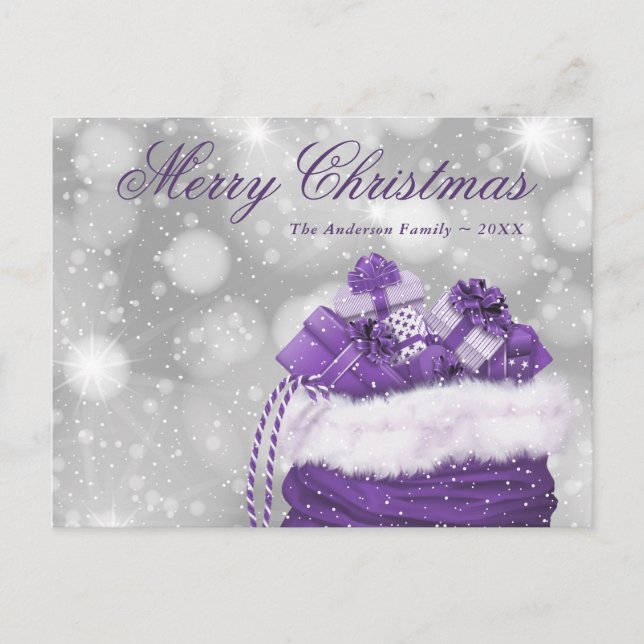 Modern Purple Merry Christmas Snow Presents Holiday Postcard (Front)