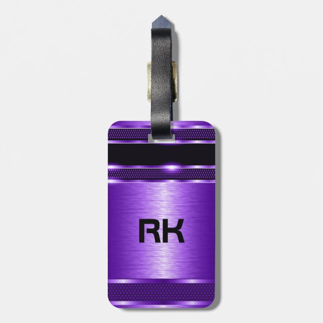 Modern Purple Metallic Geometric Design Luggage Tag (Back Vertical)