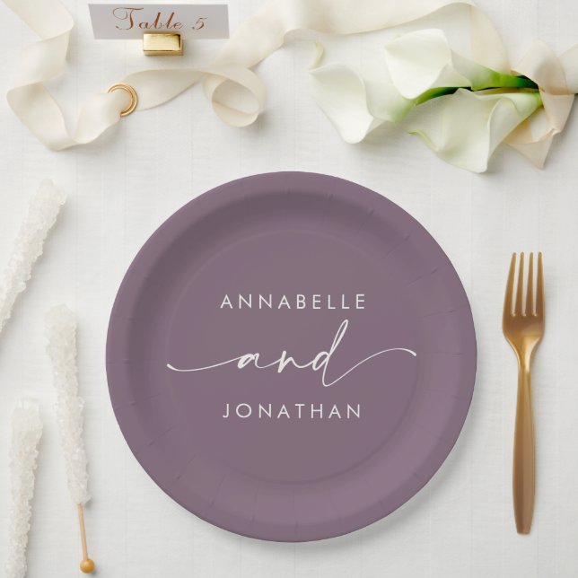 Modern purple minimal elegant script wedding paper plate (Wedding)