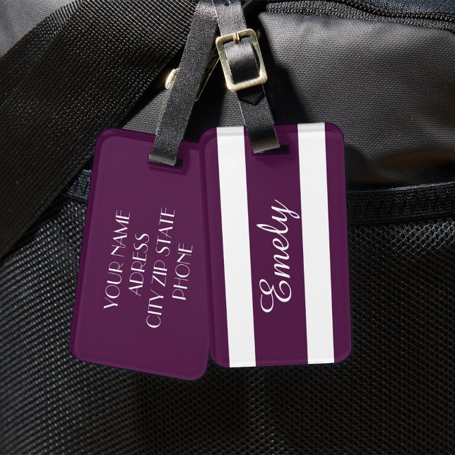 Modern Purple Name Luggage Tag (Personalized Elegant Purple Striped Pattern Name Luggage Tag)