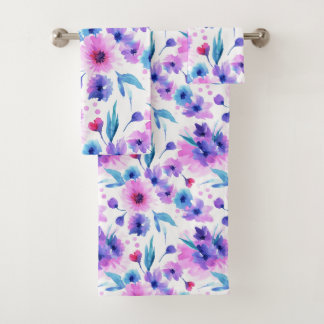 Modern Purple Navy Floral Botanical Watercolor Bath Towel Set