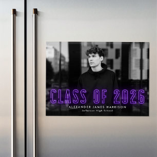 Modern Purple Neon Class of 2025 Photo Graduation Magnetic Invitation