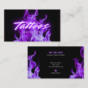 Modern Purple Neon Flames Tattoo Artist Business Card