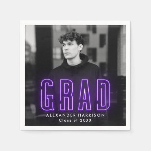 Modern Purple Neon Photo Graduation Napkin
