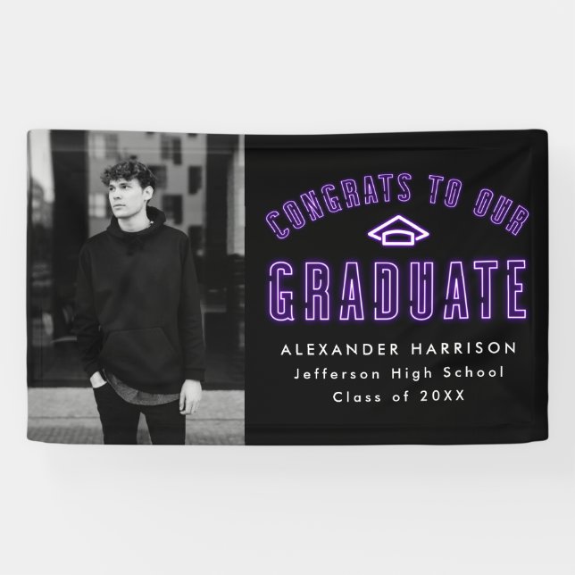 Modern Purple Neon Photo Graduation Party Banner (Horizontal)