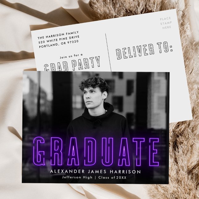 Modern Purple Neon Photo Graduation Party Invitation Postcard (Creator Uploaded)